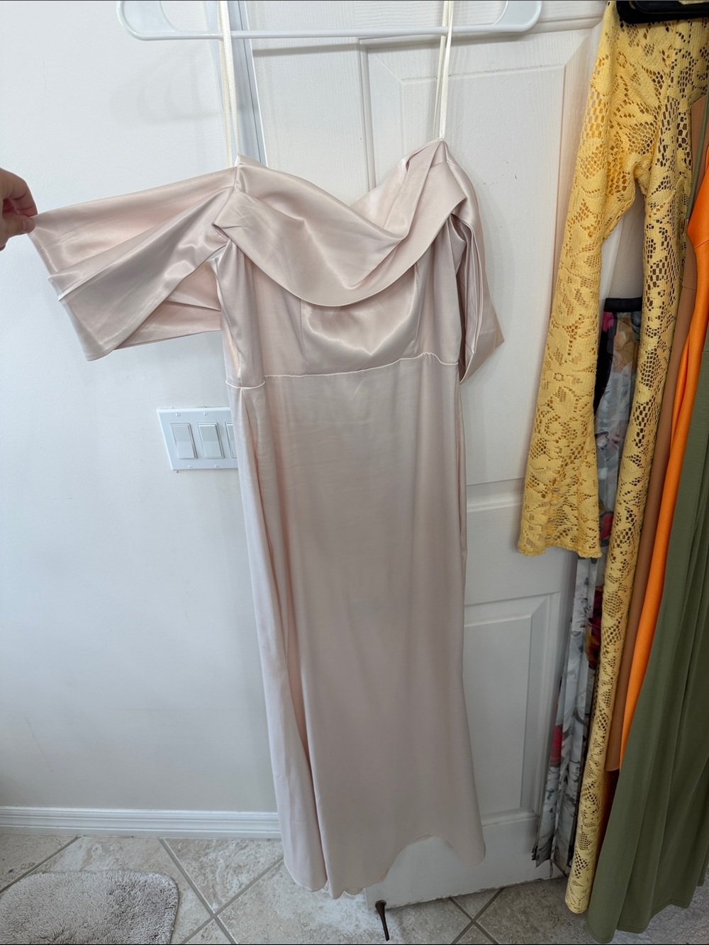 Elegant Off-Shoulder Satin Slip Dress in cream with neck piece